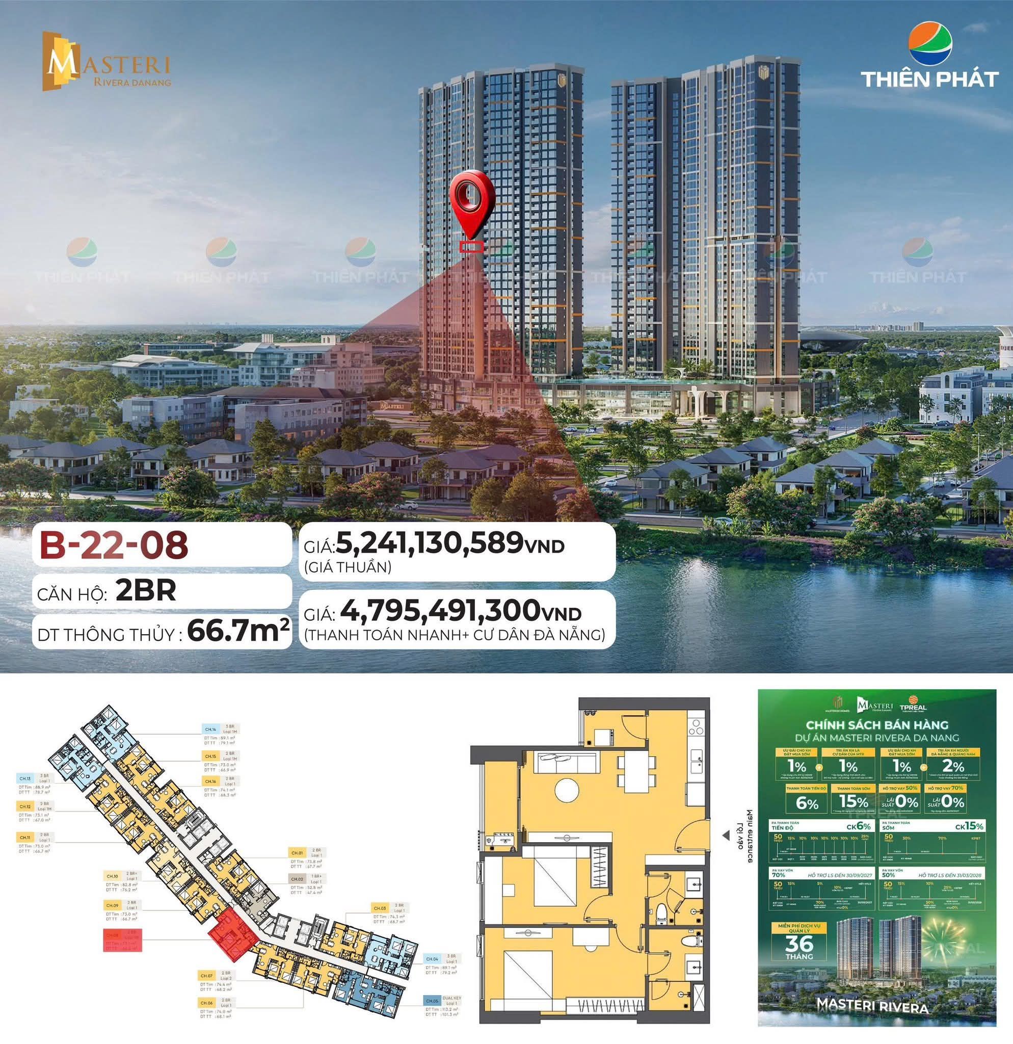 ✨ Căn hộ 2PN Masteri Rivera Đà Nẵng 
Mã căn B2208 - tầng 22
✔ Diện tích tim tường: 73,1 m²