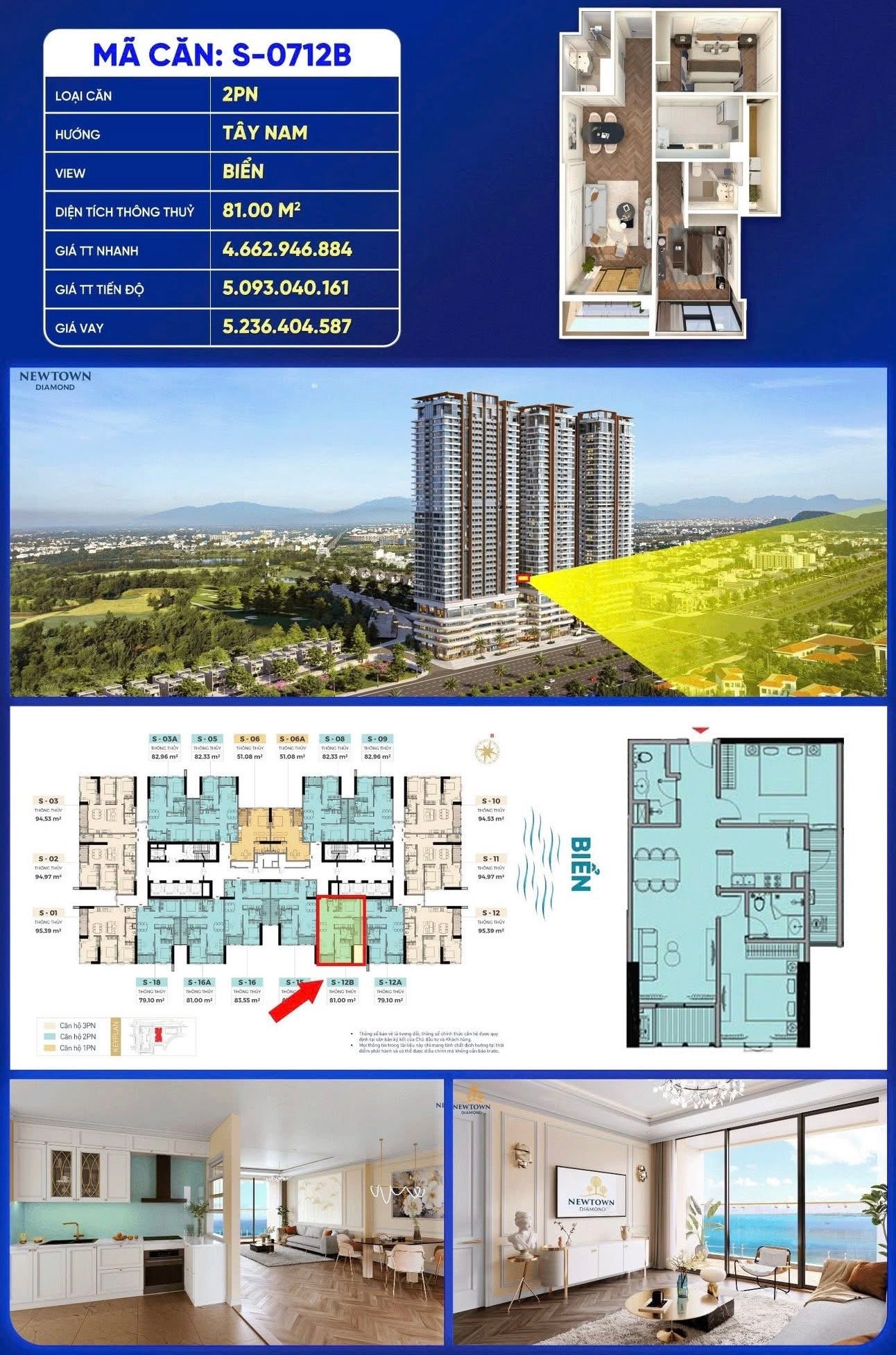 Căn hộ trực diện biển Newtown Diamind chỉ 59,9tr/m2 sổ hồng lâu dài