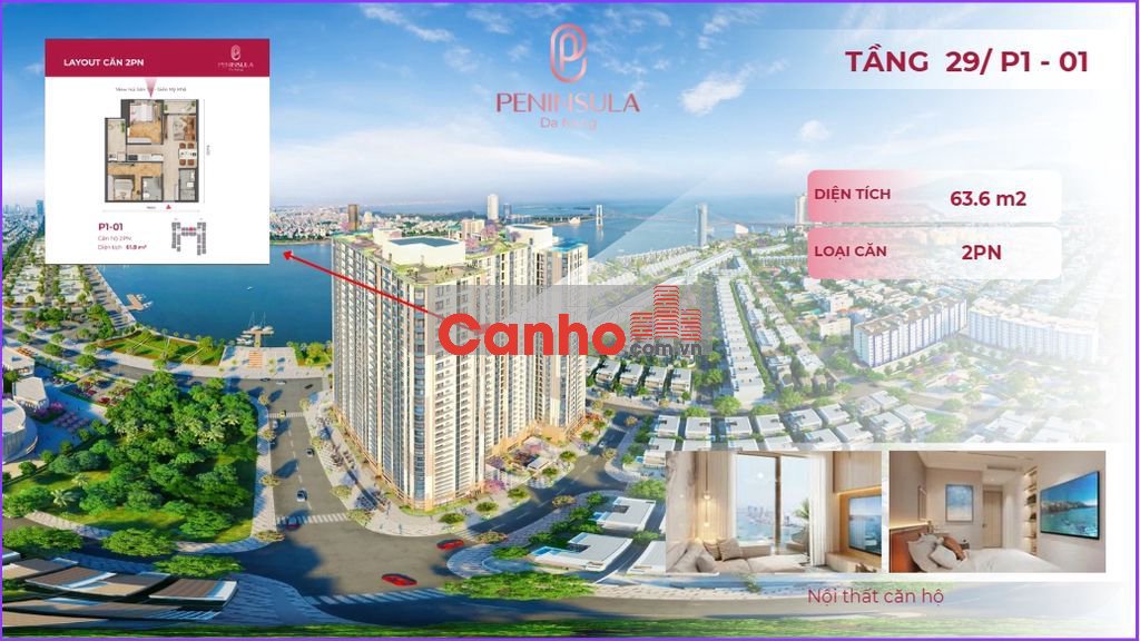 Căn hộ trực diện sông Hàn, dt 62m2 2 pn tầm view triệu đô