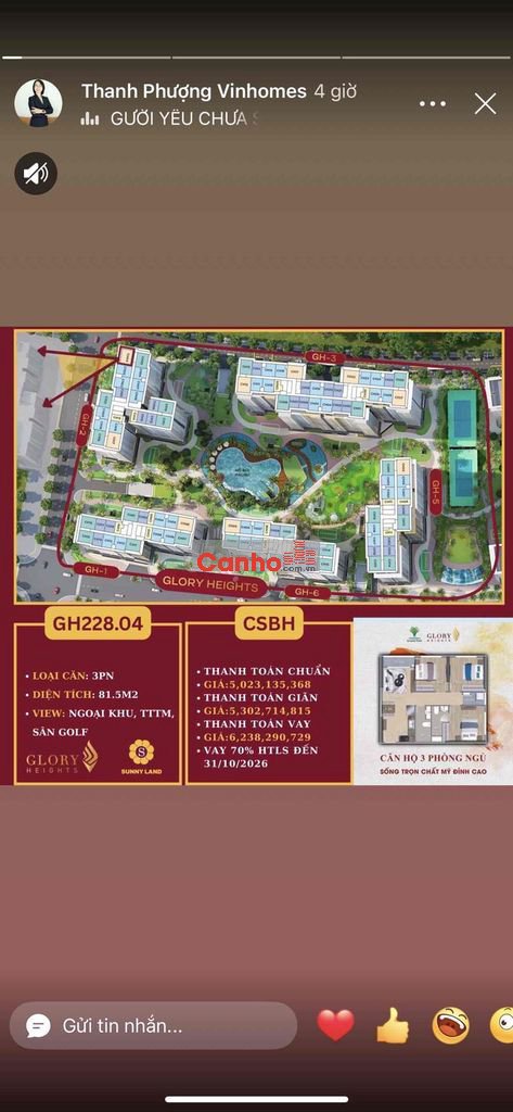 Bán 3 phòng ngủ GH Glory Heights 82m giá 4.998 tỷ nhà mới 100%