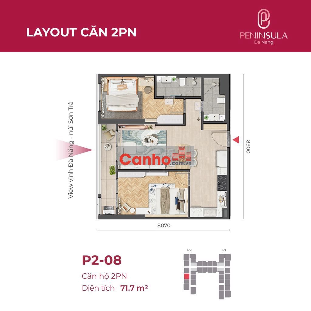 Căn VIP 2PN View Biển + Sông Hàn 71m2 Có Full Nội Thất Giá 70Triệu/m2