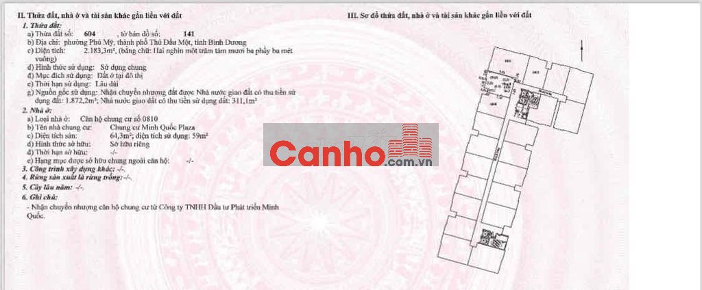 BÁN CĂN HỘ CHUNG CƯ MINH QUỐC PLAZA – PHÚ MỸ, THỦ DẦU MỘT, BÌNH DƯƠNG