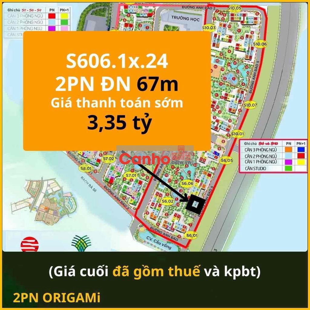 2PN đã có sổ Origami Vinhomes Quận 9 hướng Đông Nam giá 3.35 tỷ