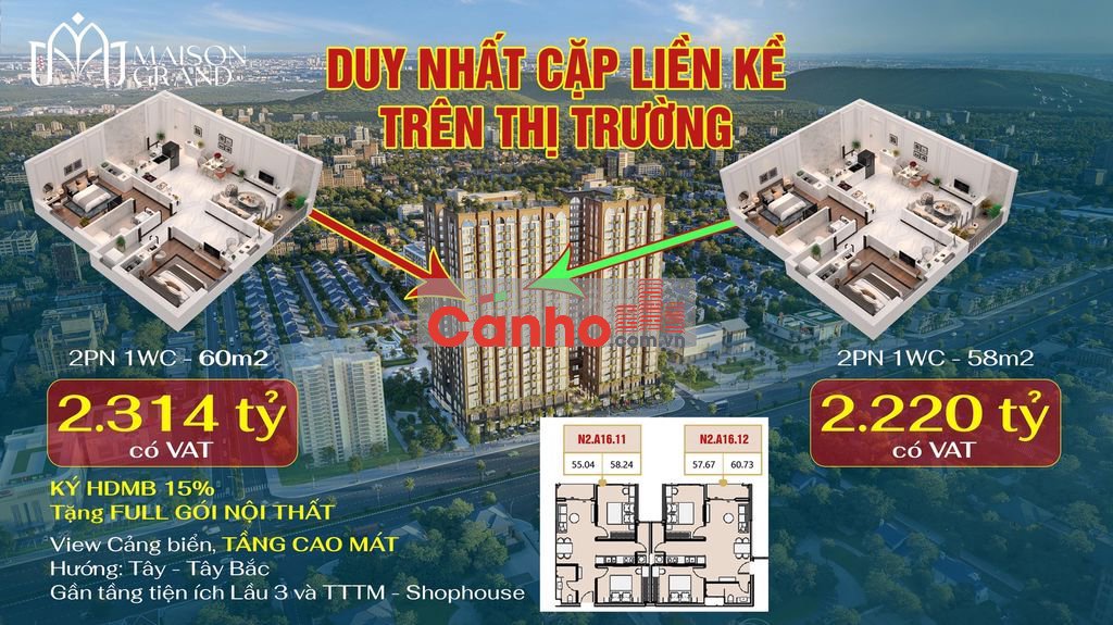 CĂN 2 PHÒNG NGỦ 58M2 TẦNG 16 VIEW MẶT TIỀN GIÁ 2TY220 BAO THUẾ PHÍ