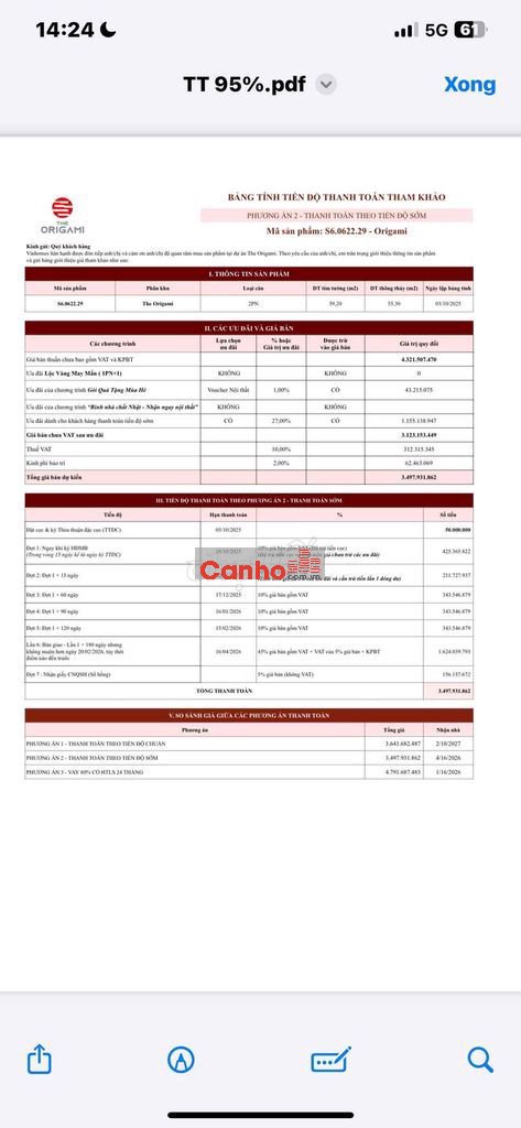 Bán nhanh căn hộ 2PN Origami S6.06 | chiết khấu khủng 28% giá chỉ 3,4