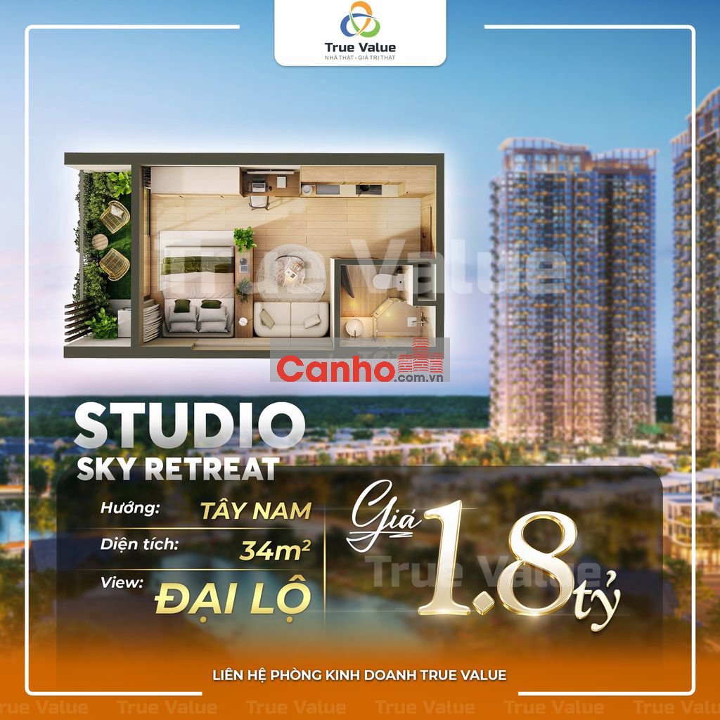 Căn hộ Sky Retreat Studio 34.5m2 1PN 1WC, Tầng đẹp, View thoáng,1.8 tỉ