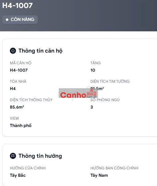 CẦN BÁN CĂN 3PN H4-1007 – HUE HERITAGE