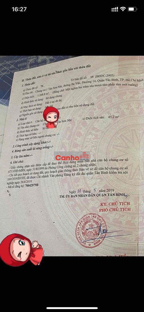 chung cư tân sơn Nhì 1, lầu 2 , 46m2, 2pn, đường Ba Vân, sổ hồng ld