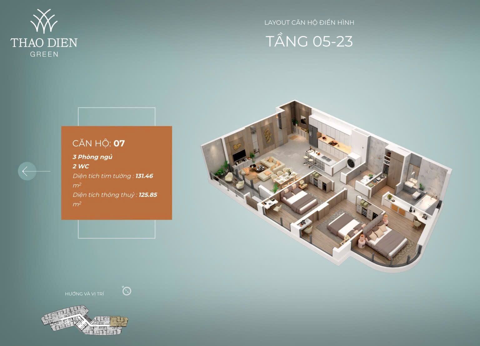 Bán căn hộ 3PN góc 132m² rộng nhất dự án Thảo Điền Green – View sông Sài Gòn, giá chỉ 28 tỷ